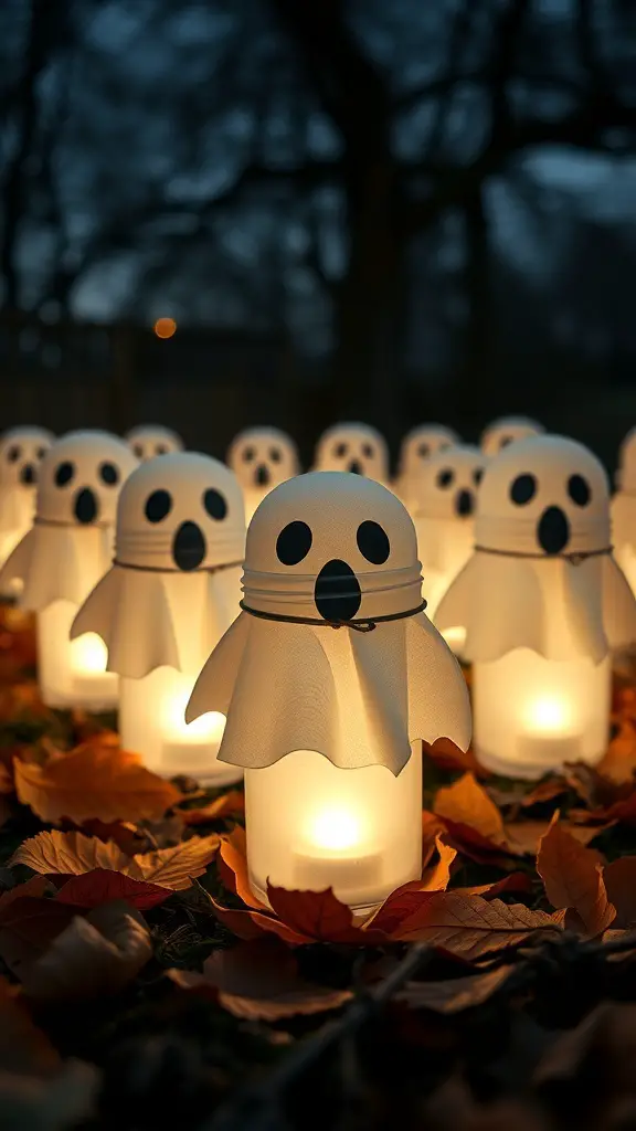 27+ Fun Halloween Crafts for Kids to Spook Up Your Season 6 A row of ghost lanterns made from jars and white fabric, glowing softly in the dark.