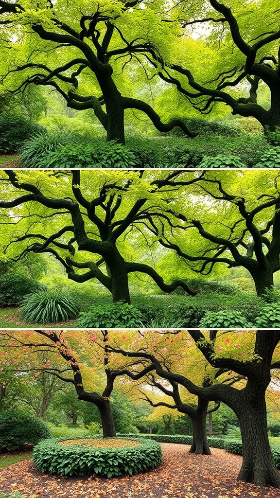 21+ Stunning Full Shade Landscaping Ideas for Your Garden 14 A full shade landscape showing seasonal changes with vibrant green leaves in spring and summer, transitioning to warm autumn colors.