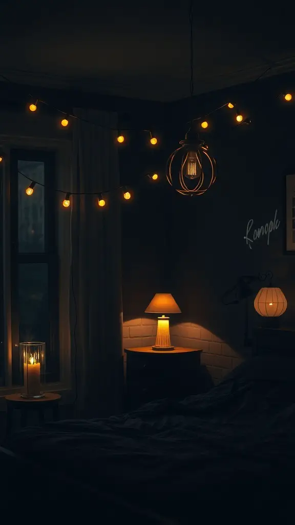 A dark boho bedroom with layered lighting, featuring string lights, a pendant light, a bedside lamp, and a candle.