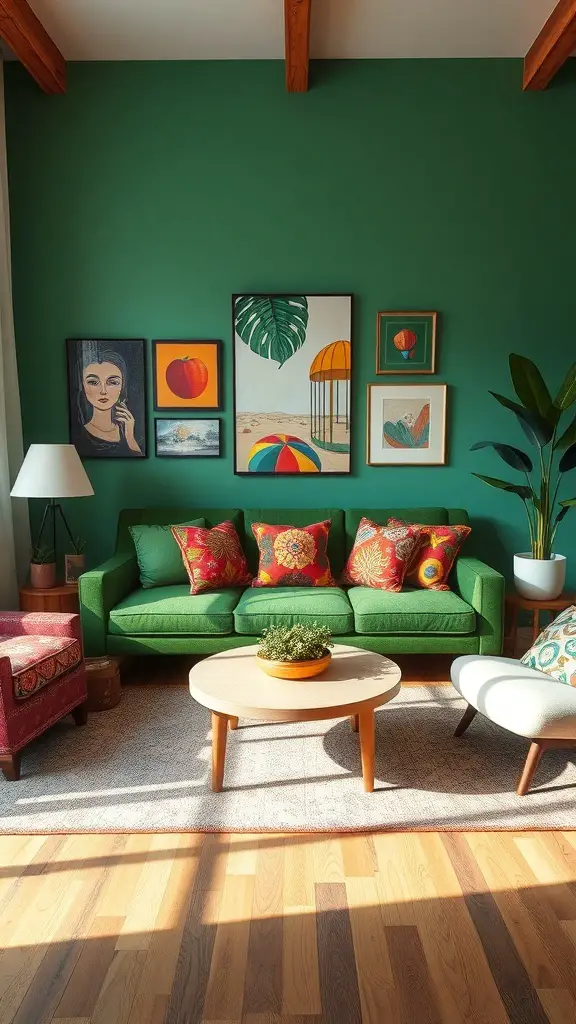 27+ Stunning Green Couch Living Room Ideas You’ll Love 8 A vibrant living room featuring a green couch with colorful throw pillows, framed art on the walls, and a cozy atmosphere.