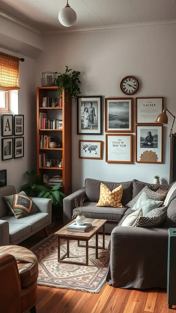 27+ Stunning Small Living Room and Dining Area Combinations 21 Cozy small living room with a dining area, featuring framed artwork, plants, and comfortable seating.