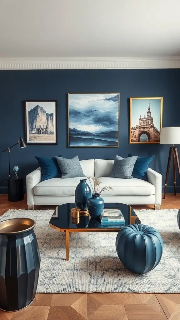 29+ Stunning Navy Blue Living Room Ideas to Transform Your Space 18 A stylish navy blue living room featuring a white sofa, navy blue accessories, and decorative artwork.