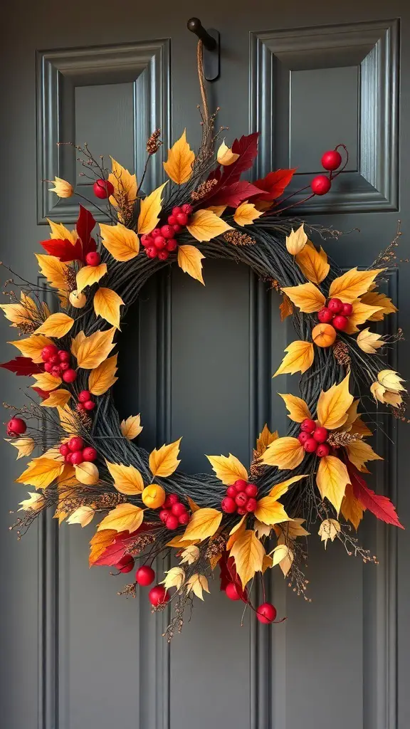A beautiful DIY fall wreath made with colorful leaves, berries, and small pumpkins, hanging on a door.