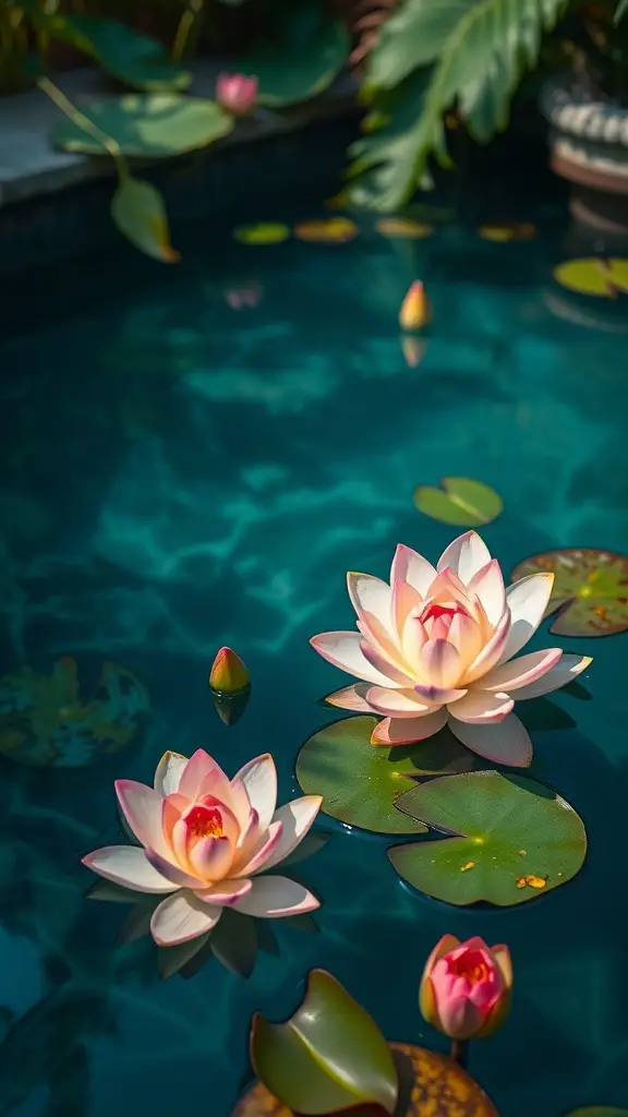 Beautiful pink lotus flowers floating on a tropical pool