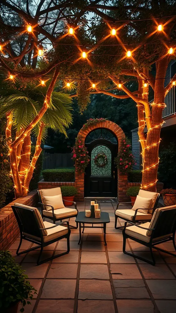 29+ Creative Fall Outdoor Decor Ideas to Transform Your Space 8 A cozy outdoor space with string lights hanging from trees, featuring comfortable seating and a welcoming atmosphere.