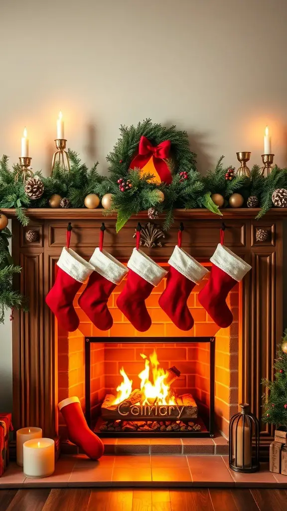 33+ Festive Christmas Party Decor Ideas to Elevate Your Holiday Celebration 10 A beautifully decorated fireplace mantel with red stockings, garlands, and candles.