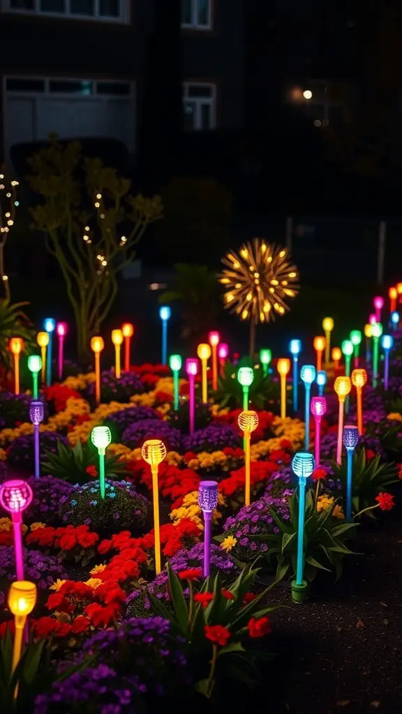 Colorful lighted garden stakes in a flower bed at night