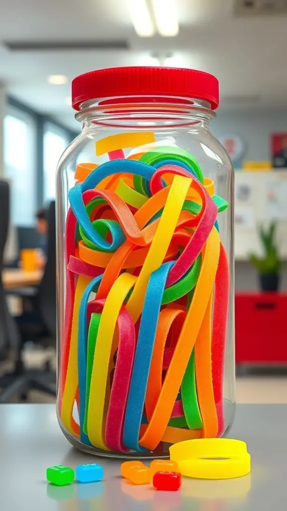 21+ Creative Office Candy Jar Ideas to Sweeten Your Workspace 19 A jar filled with colorful rainbow sour belts, showcasing vibrant strips of candy.