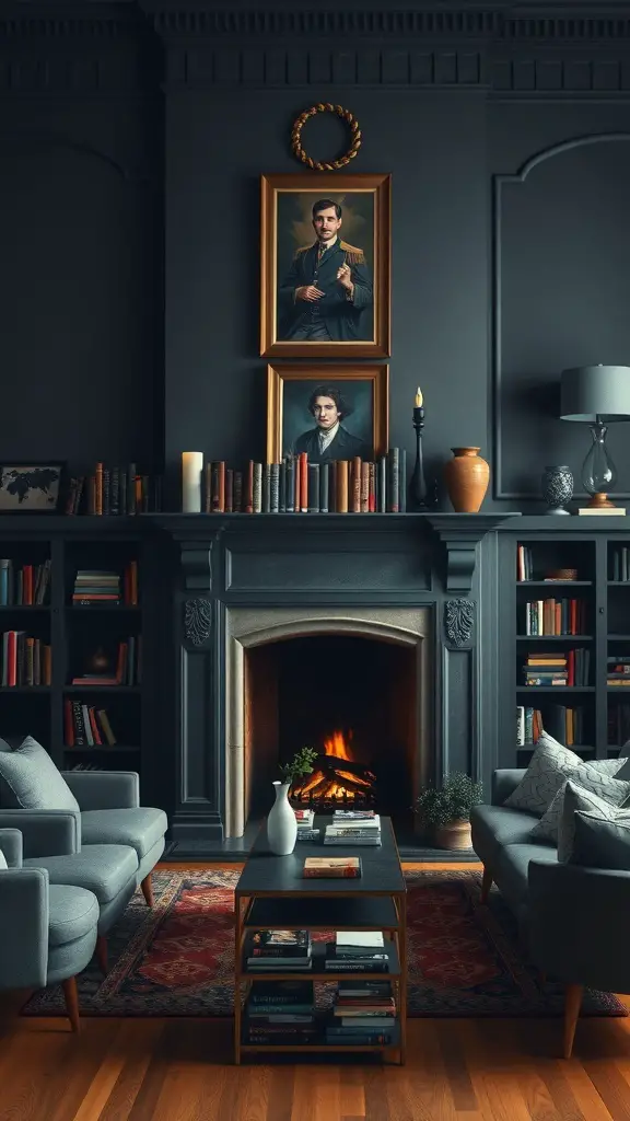 25+ Dark Academia Living Room Essentials You Need for a Cozy Aesthetic 13 A cozy dark academia living room featuring a fireplace, portraits, and bookshelves.