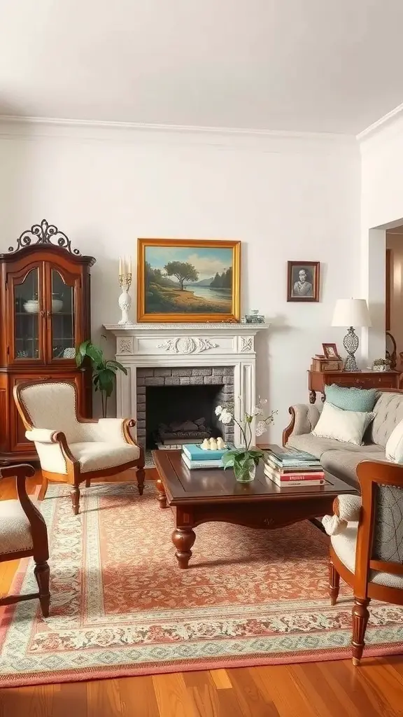 25+ Dark Academia Living Room Essentials You Need for a Cozy Aesthetic 8 A cozy living room featuring antique furniture, a coffee table, and artwork on the walls.