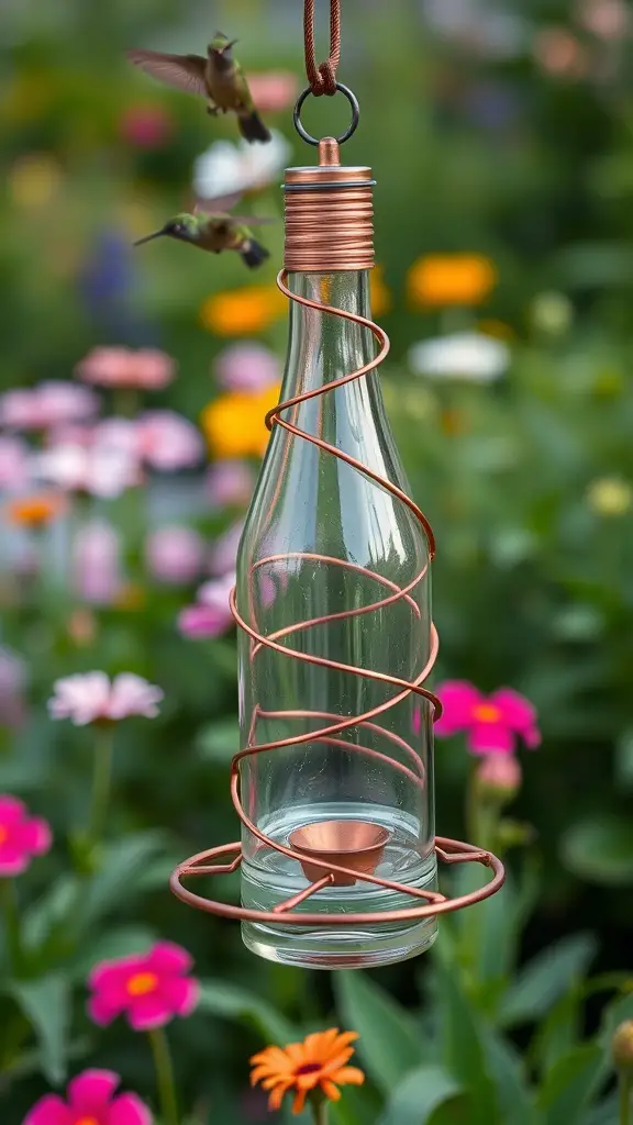 A glass bottle feeder with copper wire, surrounded by colorful flowers, attracting hummingbirds.