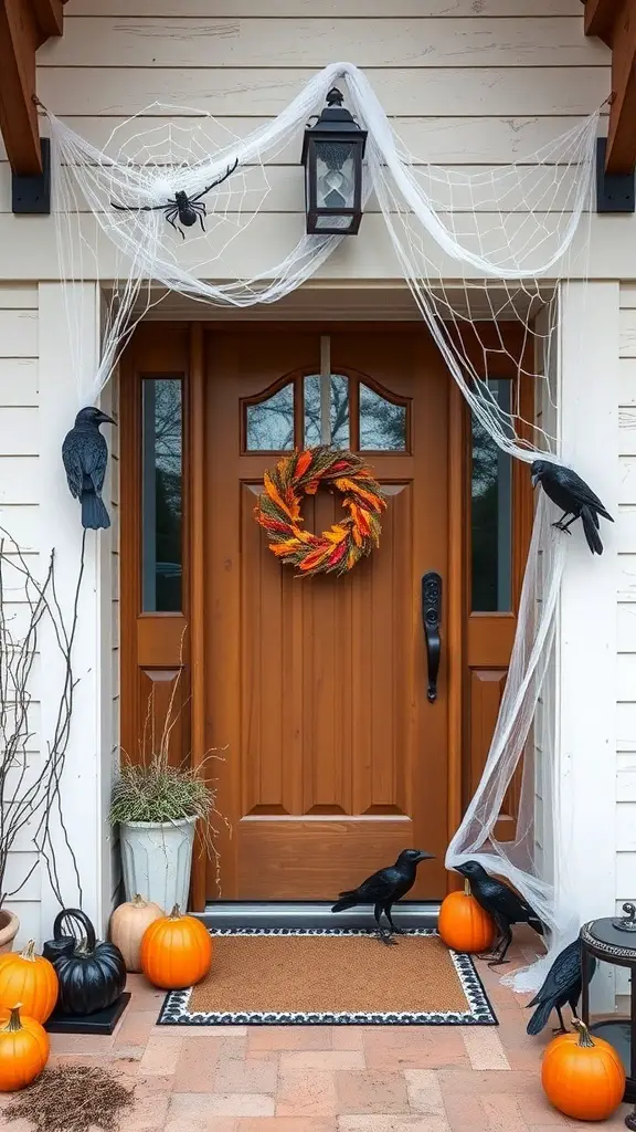 A farmhouse porch decorated for Halloween with spider webs, crows, and pumpkins.
