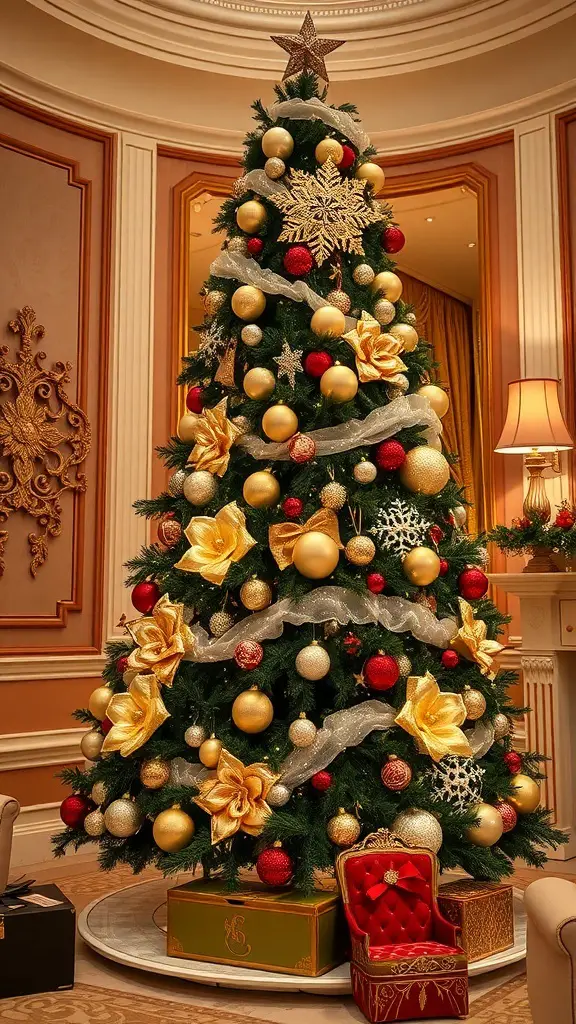 23+ Vintage Christmas Tree Ideas for a Festive Holiday Look 18 A glamorous vintage Christmas tree decorated with gold and red ornaments, large golden flowers, and surrounded by beautifully wrapped gifts.