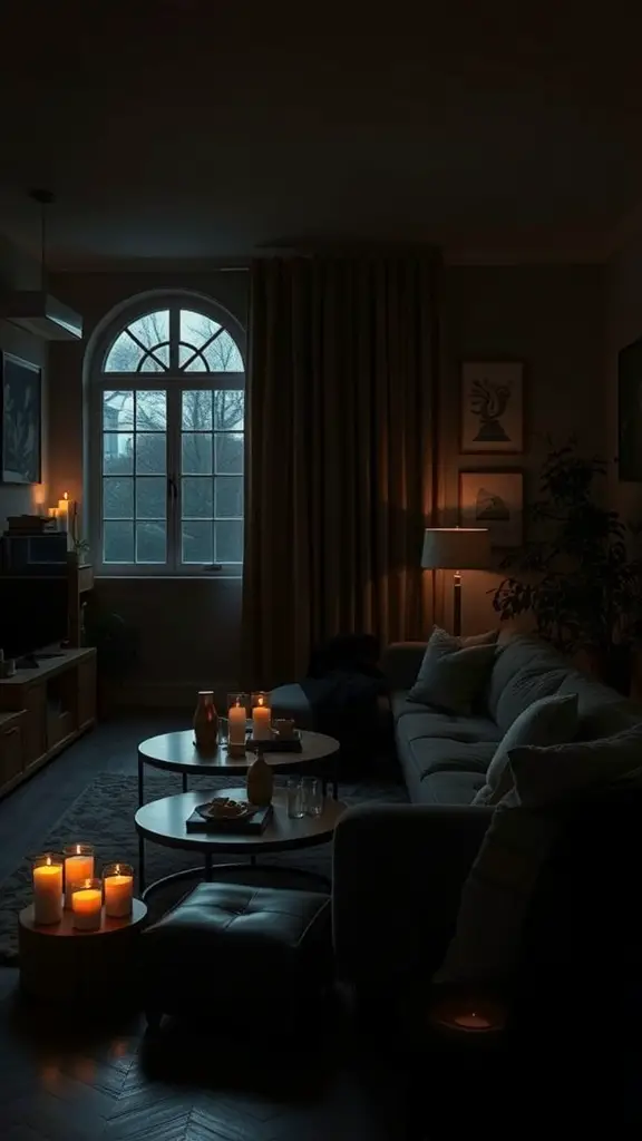 A dark cottagecore living room illuminated by candlelight, featuring a cozy sofa, wooden tables, and a large window.