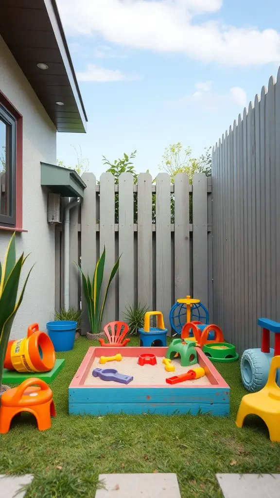 27+ Creative Long Narrow Backyard Ideas for Your Outdoor Space 3 Colorful play area with a sandbox and various toys in a narrow backyard