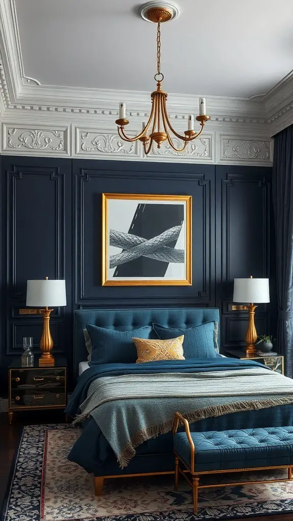 37+ Stunning Dark Blue Bedroom Ideas for a Cozy Retreat 7 A stylish bedroom featuring dark blue walls, gold decor elements, and elegant furnishings.