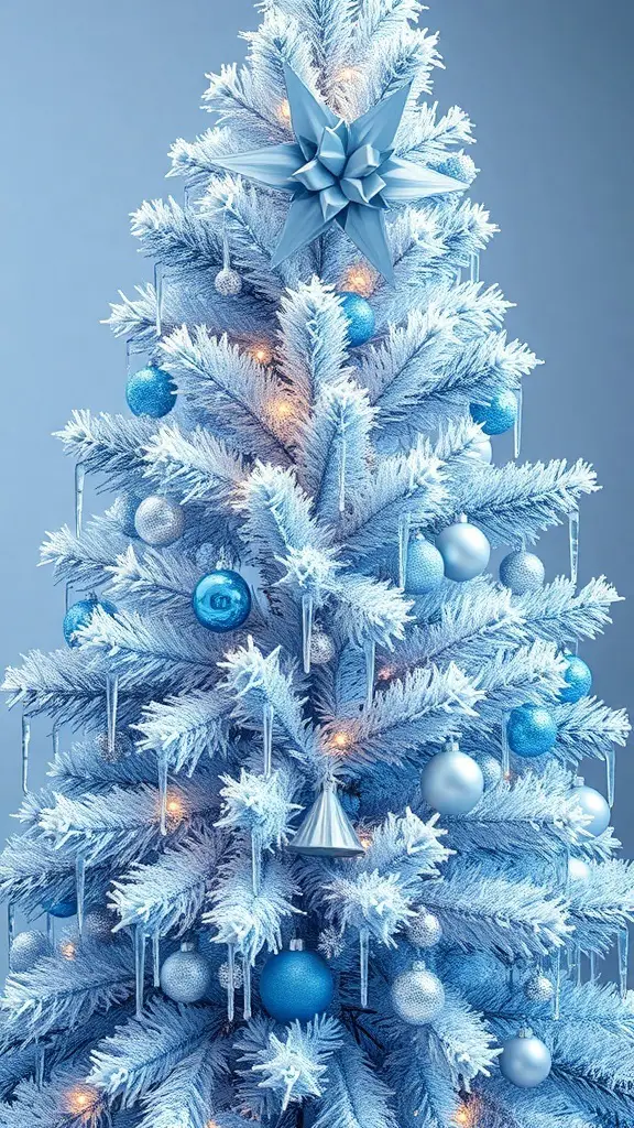 23+ Vintage Christmas Tree Ideas for a Festive Holiday Look 10 A vintage Christmas tree decorated in silver and blue with icicles and a star on top.