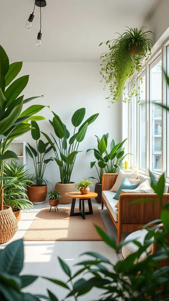 A bright indoor space filled with various indoor plants, featuring a cozy seating area and natural light.