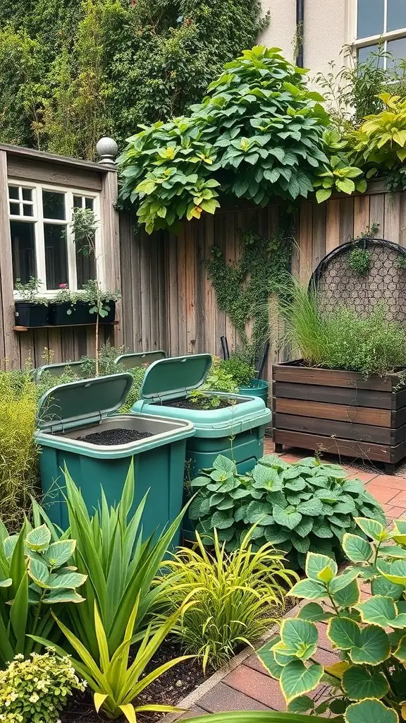 29+ Inspiring London Garden Ideas for Your Urban Oasis 9 A compact urban garden featuring green plants, planters, and compost bins.