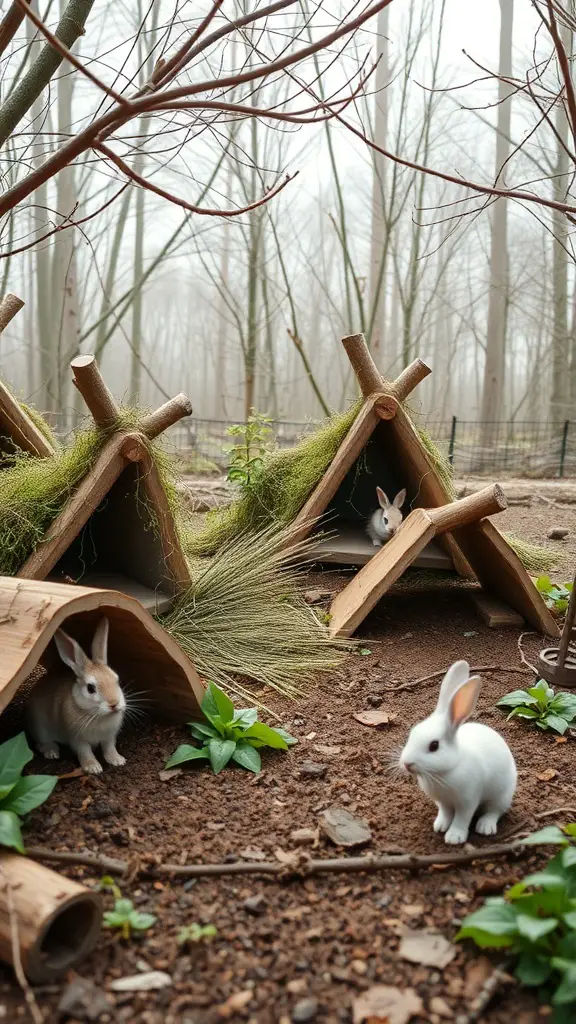 27+ Must-Have Features for the Ultimate Rabbit Playground 9 Rabbits playing in a natural playground with wooden huts and greenery.