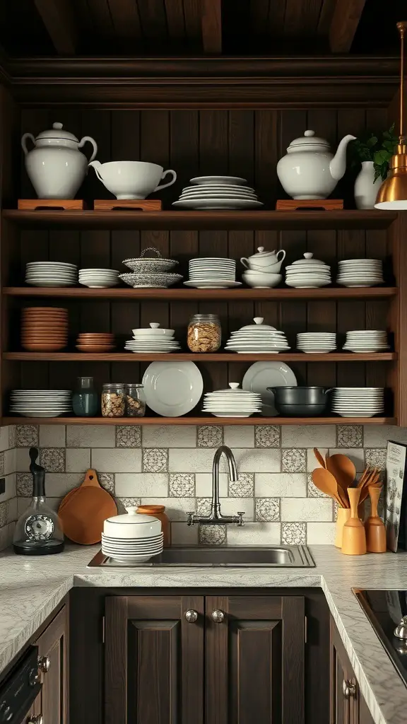 29+ Essential Items for a Cozy Dark Cottagecore Kitchen 4 Open shelving in a dark cottagecore kitchen displaying various dishware and kitchen items.