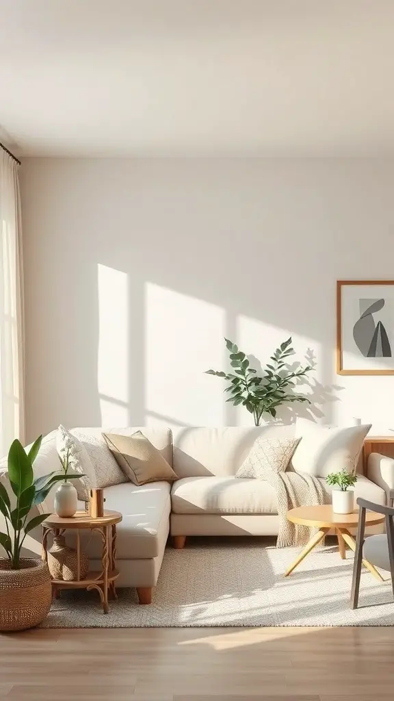 A cozy French country living room with a neutral color palette, featuring a light sectional sofa, decorative pillows, and plants.