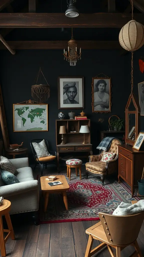 A cozy dark boho bedroom with unique furniture, including vintage chairs, a wooden table, and eclectic decor.