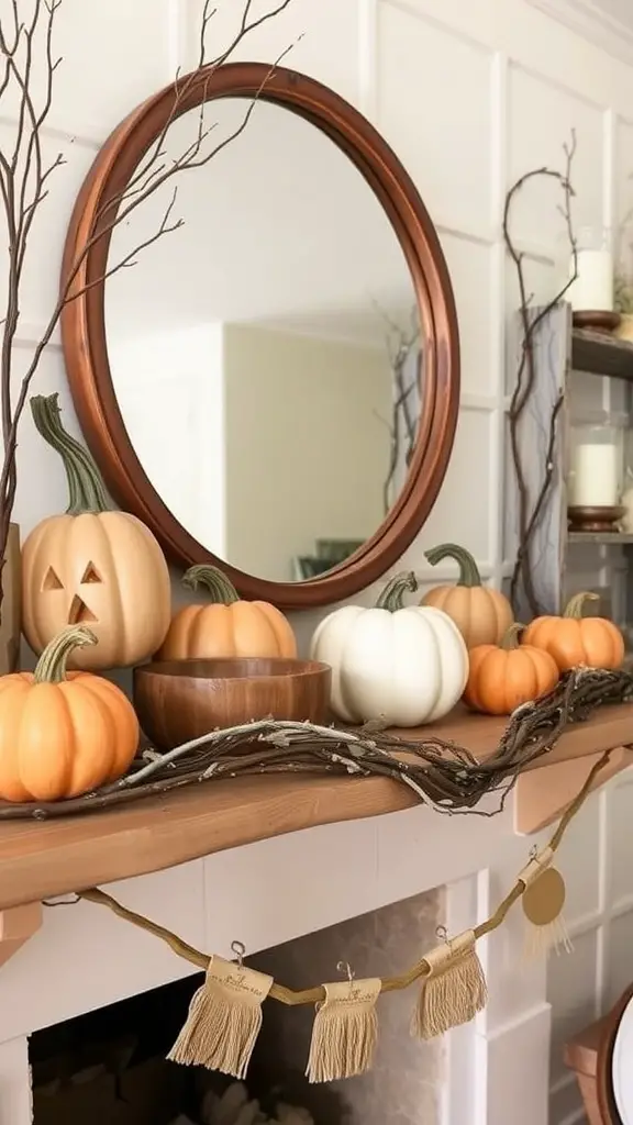 27+ Stunning Fall Mantle Decor Ideas You’ll Love 5 A rustic wooden mantle decorated with pumpkins and greenery for fall.