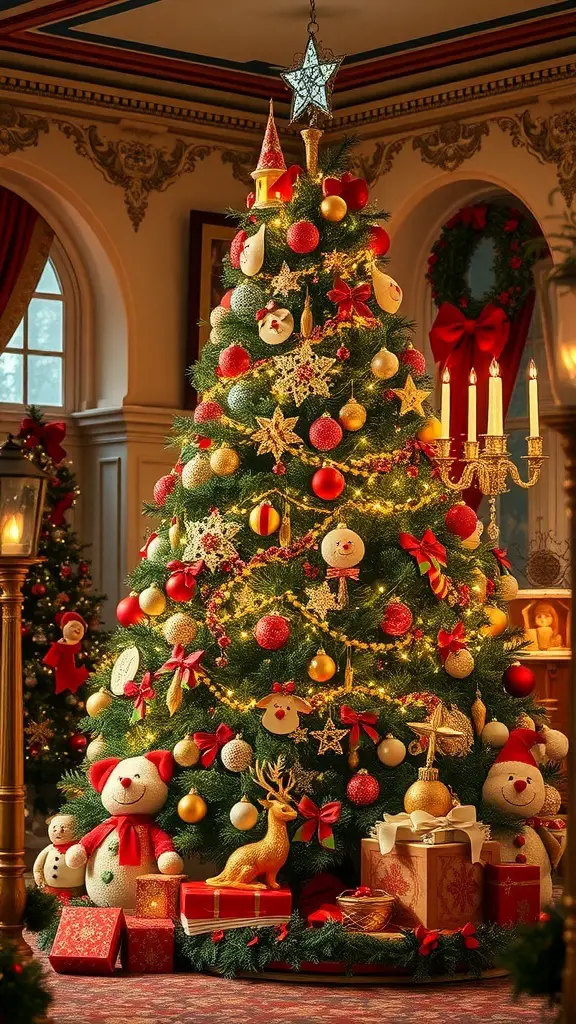 27+ Stunning Christmas Tree Décor Ideas You’ll Love 15 A beautifully decorated Christmas tree with a fairy tale theme, featuring snowmen, teddy bears, red and gold ornaments, and a golden reindeer.