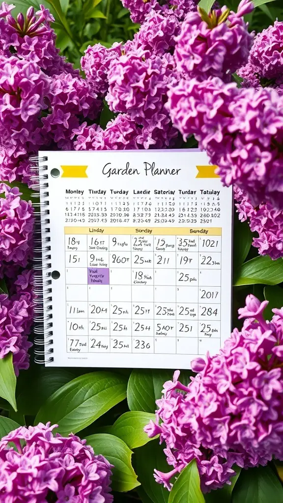 19+ Stunning Lilac Bush Landscaping Ideas for Your Garden 21 A garden planner surrounded by blooming lilac bushes.