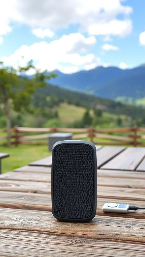 A quality Bluetooth speaker on a wooden table with a scenic outdoor background.