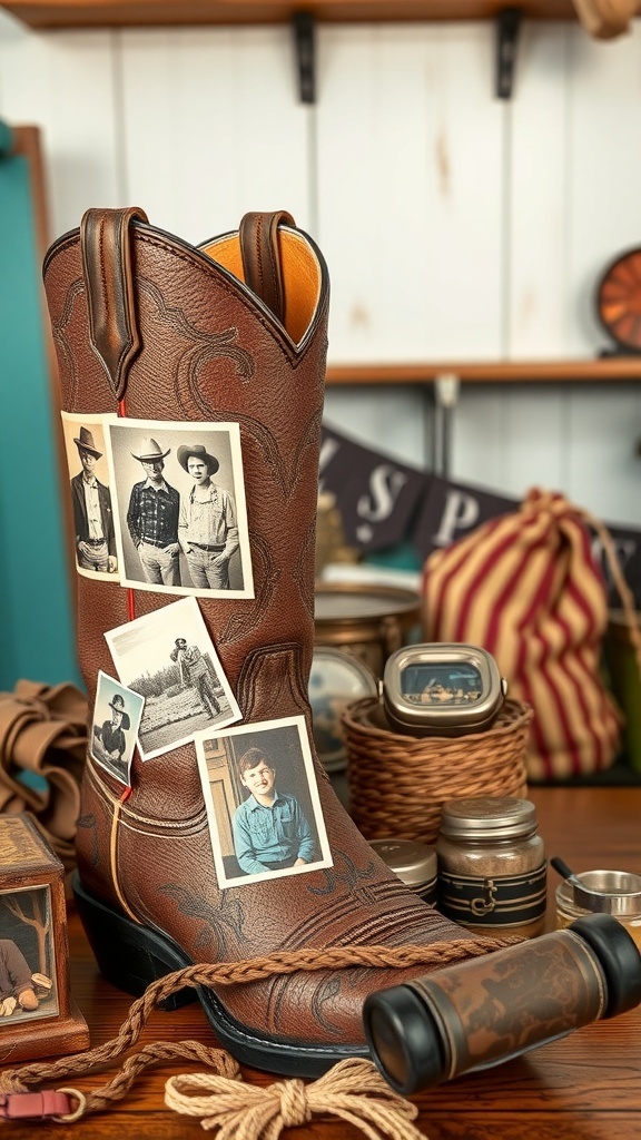25+ Creative Cowboy Boot Centerpieces for Your Next Event 16 A cowboy boot decorated with vintage photos and keepsakes, surrounded by rustic items.