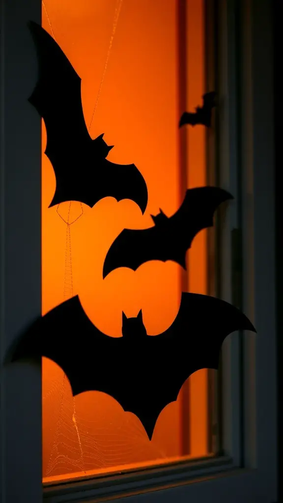 Black bat silhouettes on a window with an orange background