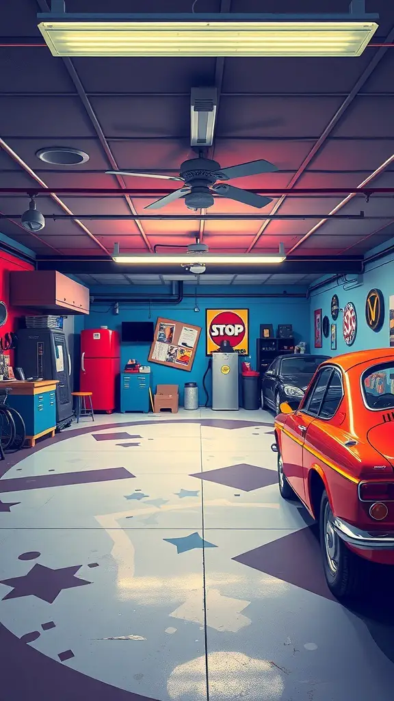 A colorful garage featuring retro pop art style with bright walls, a red fridge, and playful floor designs.