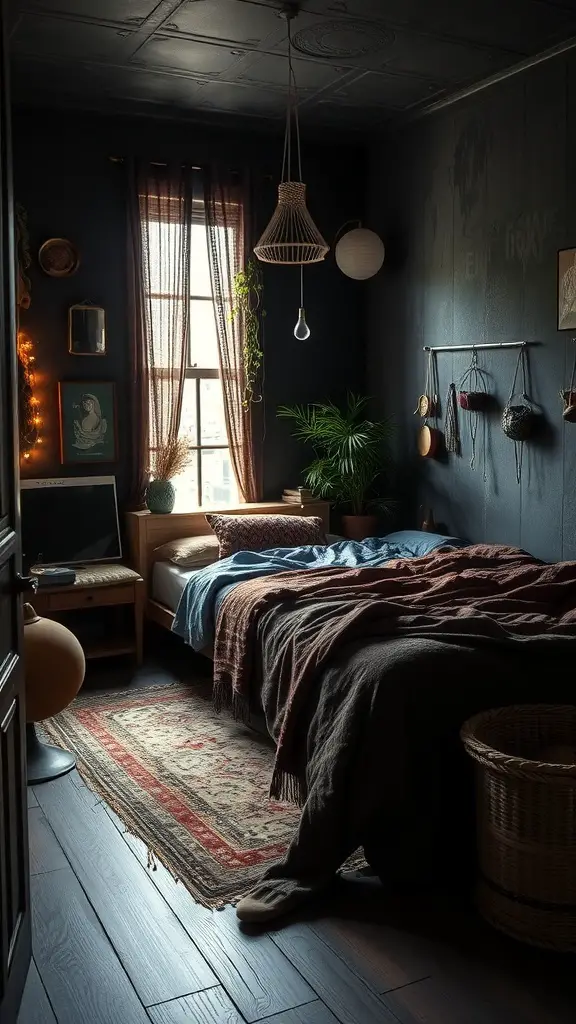 A dark boho bedroom featuring rich textures, plants, and cozy decor.
