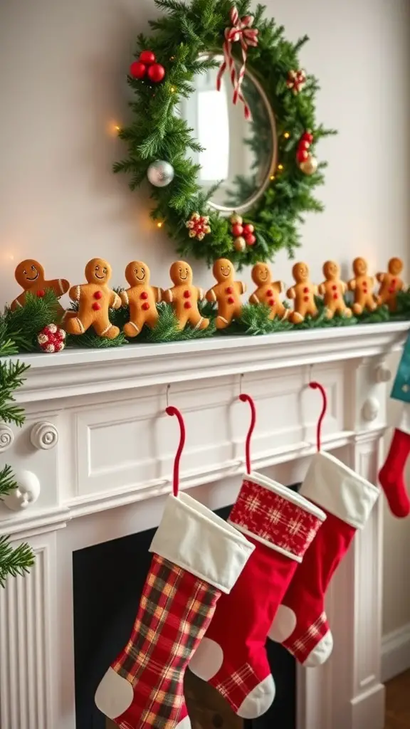 31+ Creative Gingerbread Christmas Decor Ideas You’ll Love 11 A festive gingerbread men garland displayed on a mantel with stockings and a wreath.