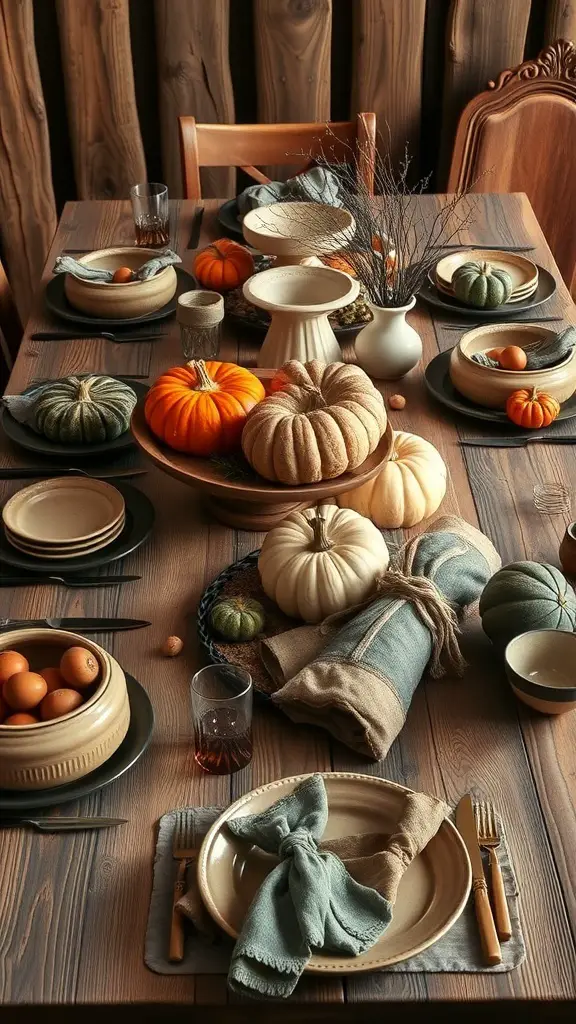 A rustic Thanksgiving tablescape featuring a wooden table adorned with various pumpkins, simple tableware, and natural elements.