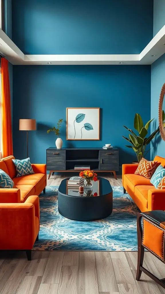 A living room featuring blue walls and orange sofas, with a dark coffee table and decorative pillows.