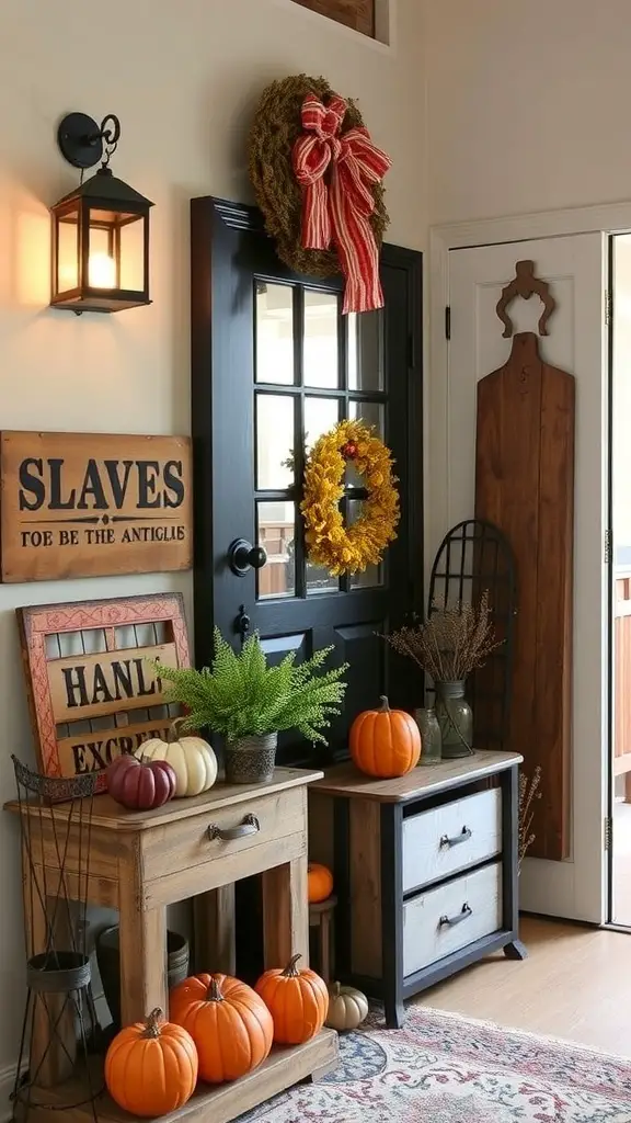A cozy fall entryway featuring vintage accents, pumpkins, and flowers.