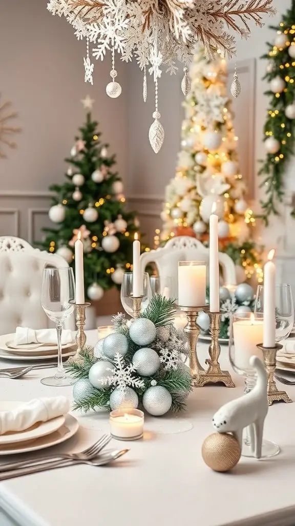 37+ Stunning Christmas Table Decorations You'll Love 14 A beautifully decorated Christmas table with snowy white decor, featuring candles, ornaments, and festive elements.