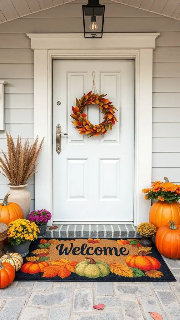 A welcoming autumn-themed doormat with pumpkins and flowers on a front porch.