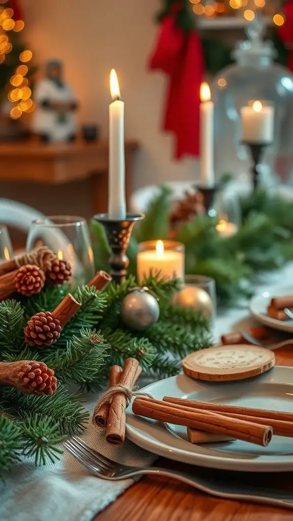 37+ Stunning Christmas Table Decorations You'll Love 17 A beautifully decorated Christmas table featuring pine garlands, cinnamon sticks, candles, and ornaments.