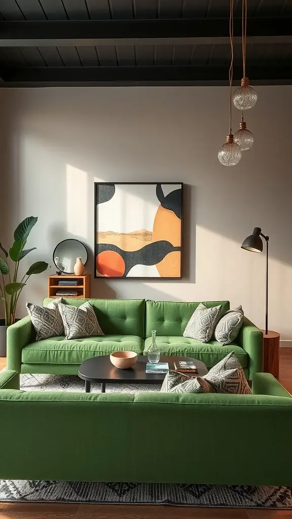 27+ Stunning Green Couch Living Room Ideas You’ll Love 14 A stylish living room featuring a green couch, patterned pillows, a dark coffee table, and abstract wall art.