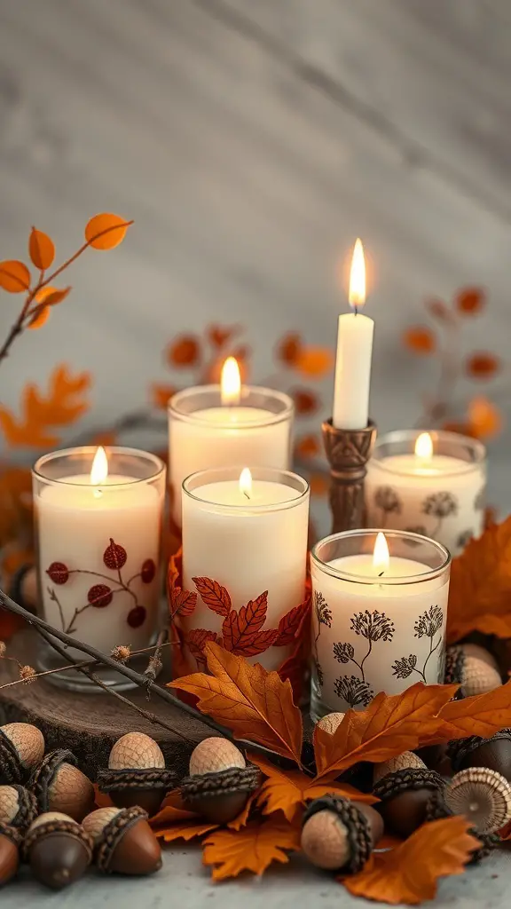 37+ Creative Indoor Fall Decorations You’ll Love 9 A cozy arrangement of candles surrounded by autumn leaves and acorns.