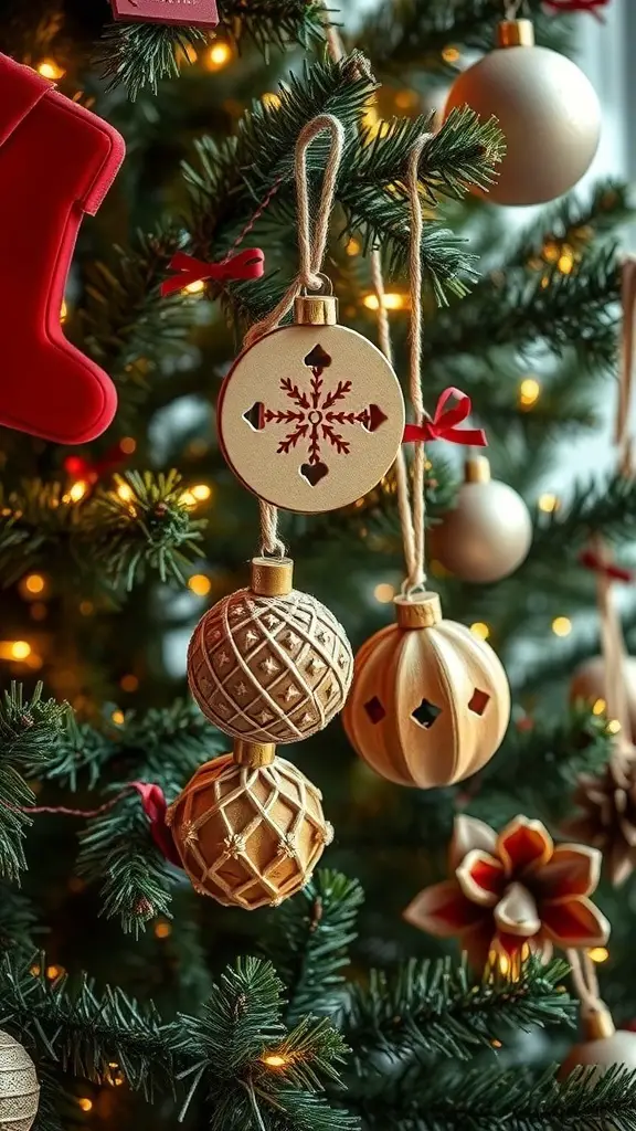 Close-up of handcrafted wooden ornaments hanging on a Christmas tree.
