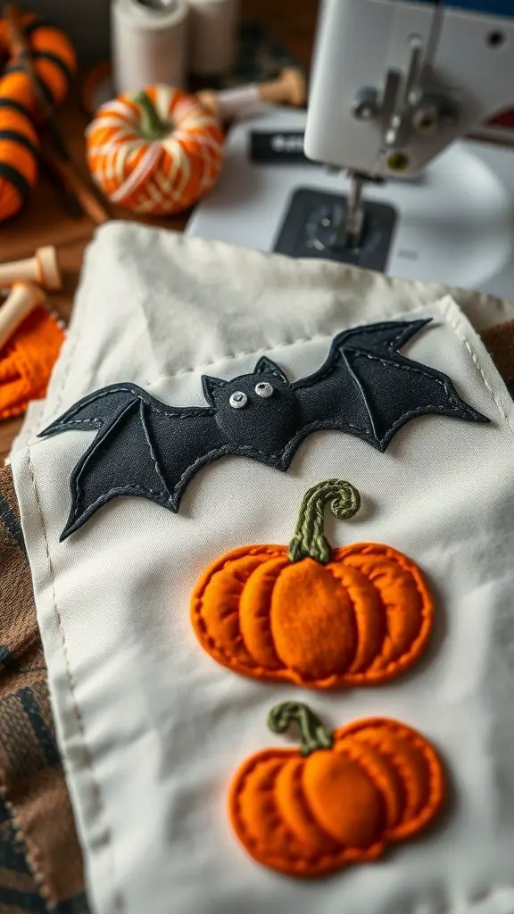 A black bat appliqué above two orange pumpkin appliqués on a fabric background, with sewing supplies in the background.