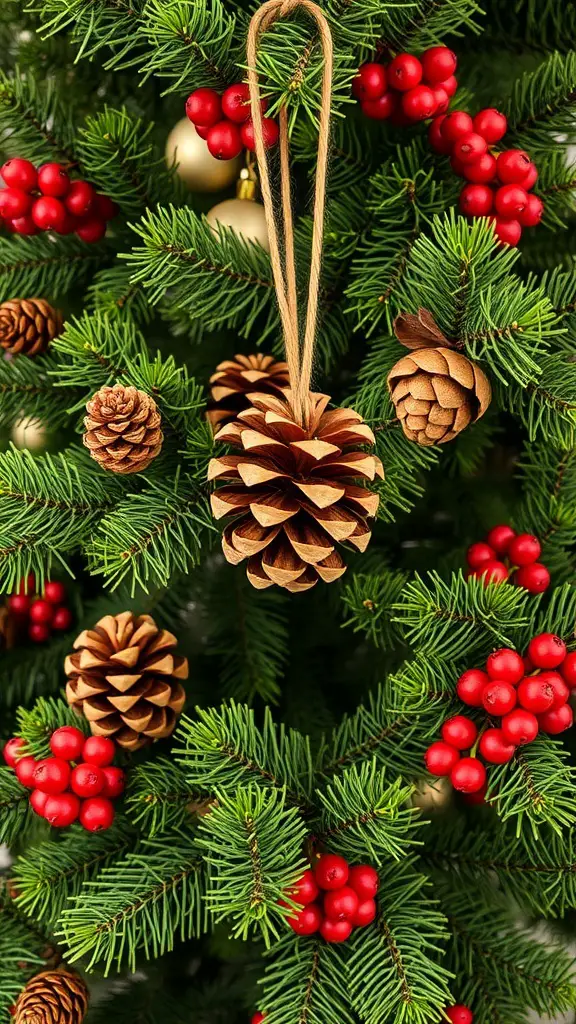 A Christmas tree decorated with pinecones and red berries.