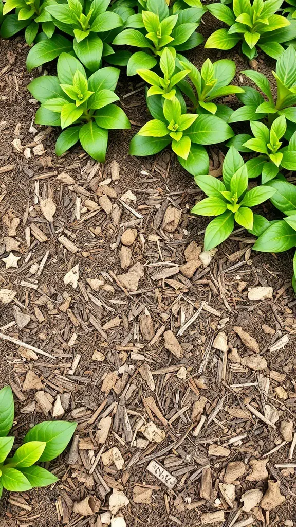 31+ Inspiring Bio Garden Ideas for a Sustainable Backyard 15 A close-up view of green plants surrounded by wood chip mulch in a garden.