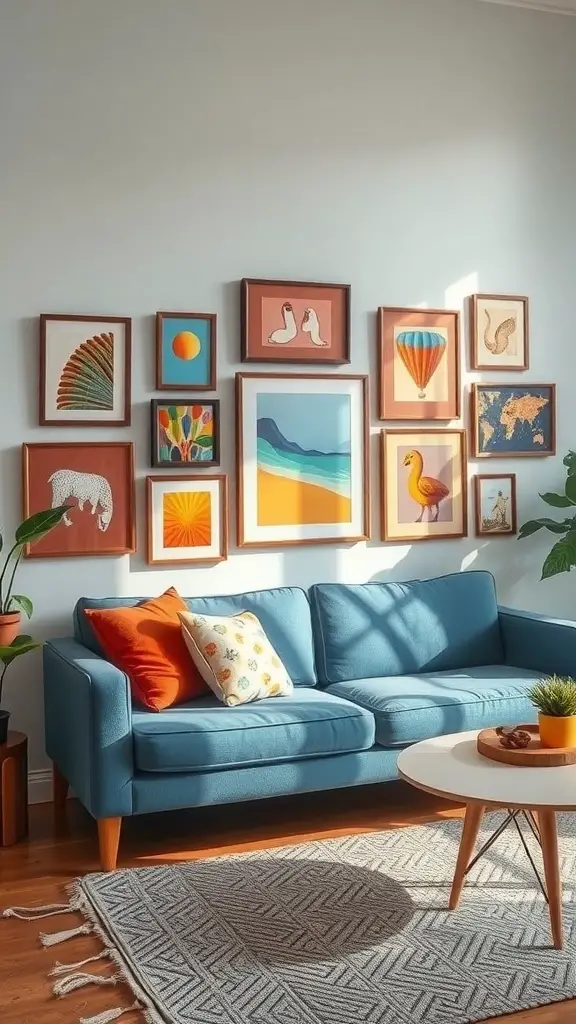 29+ Stunning Blue Couch Living Room Ideas You’ll Love 10 A blue couch with colorful cushions in a living room, surrounded by a gallery wall of framed art.