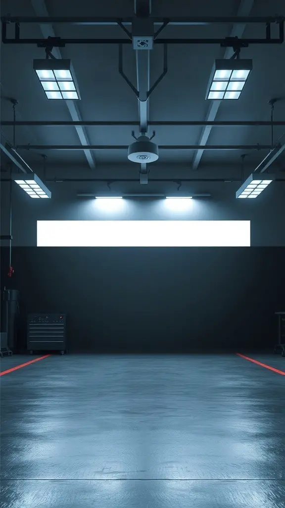 23+ Creative Car Room Decor Ideas for Enthusiasts 12 A modern garage with bright lighting fixtures and a clean floor
